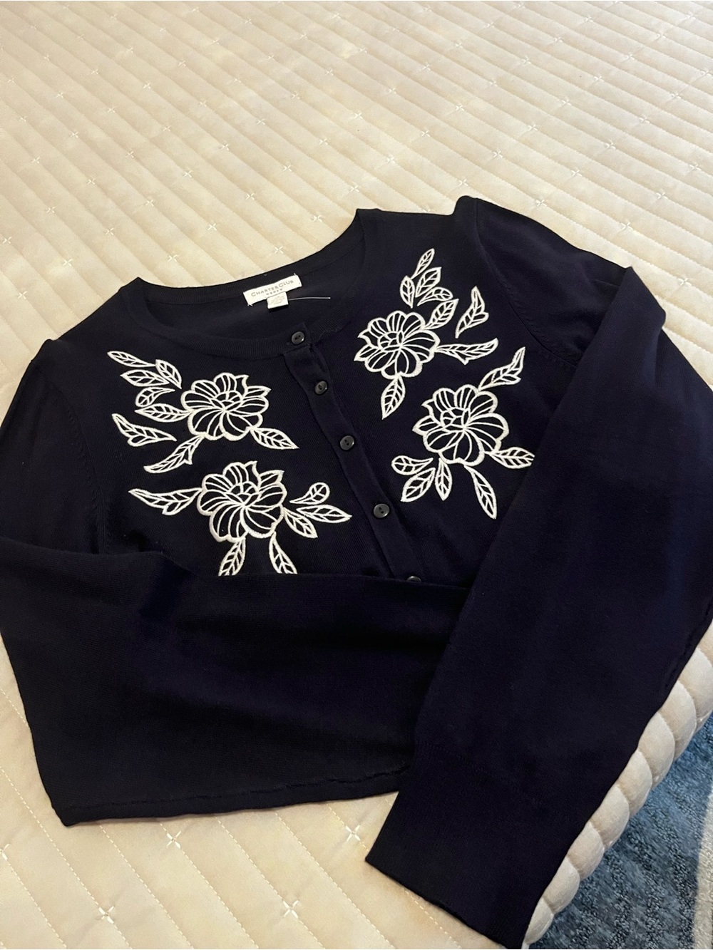 Charter Club Black Cardigan with White Floral Embroidery